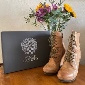 Vince Camuto wedge heel leather boots in color Desert (neutral tan).